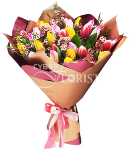 bouquet of mixed color tulips